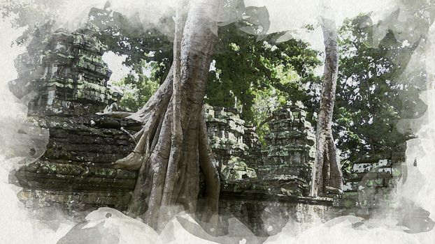 A temple-eating tree at Ta Prohm, Cambodia. Imitation of Oil Painting, Art Tapestry for Wall Hanging Bedroom. Living Room Decor. Print, Modular image. Brush strokes with acrylic paint on canvas