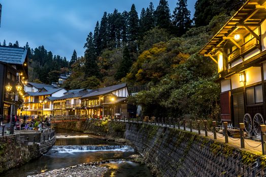 The night view of the Ginzan Onsen of Ginzanshinhata, Obanazawa, Yamagata, Japan.