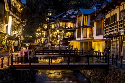 The night view of the Ginzan Onsen of Ginzanshinhata, Obanazawa, Yamagata, Japan.