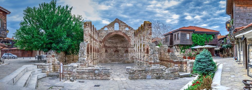 Nessebar, Bulgaria – 07.10.2019.  Ruins of the Saint Sophia Metropolitan church in the old town of Nessebar, Bulgaria, on a cloudy summer morning