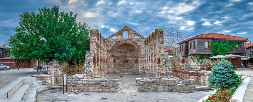 Nessebar, Bulgaria – 07.10.2019.  Ruins of the Saint Sophia Metropolitan church in the old town of Nessebar, Bulgaria, on a cloudy summer morning