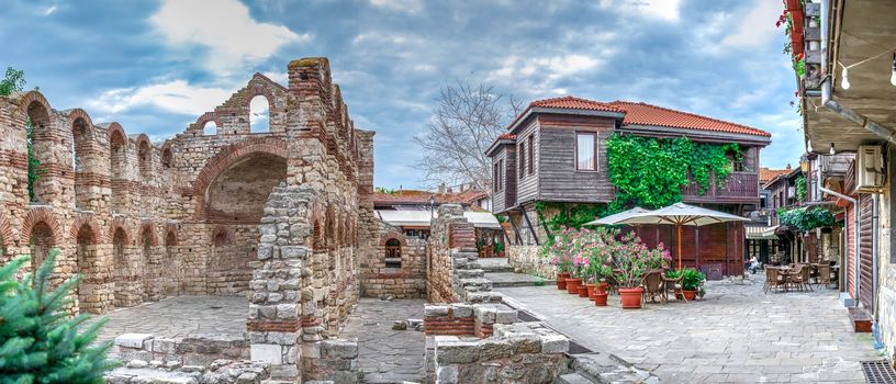 Nessebar, Bulgaria – 07.10.2019.  Ruins of the Saint Sophia Metropolitan church in the old town of Nessebar, Bulgaria, on a cloudy summer morning