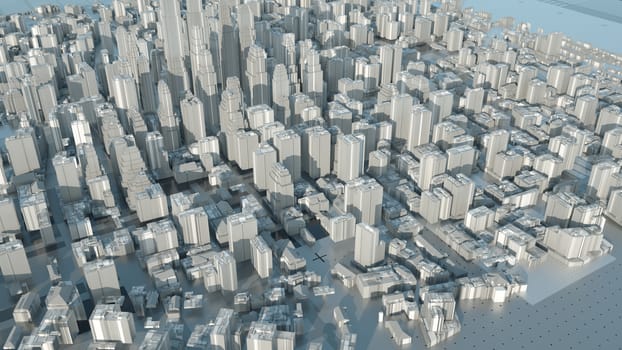 Abstract Modern White City on Technology Surface, aerial view. 3D illustration