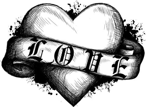 Heart with ribbon in tattoo style.