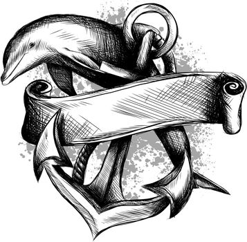 dolphin around an anchor with a rope, an ancient symbol of the sea, 