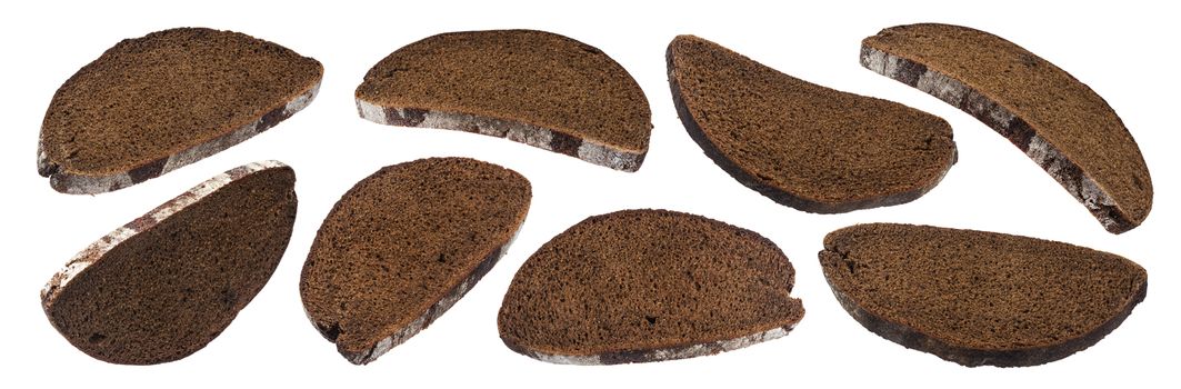 Slices of black rye bread isolated on white background with clipping path, big collection