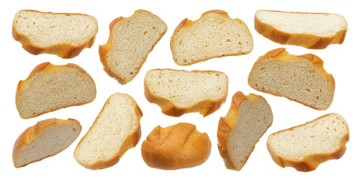 Slices of white bread isolated on white background with clipping path, big collection