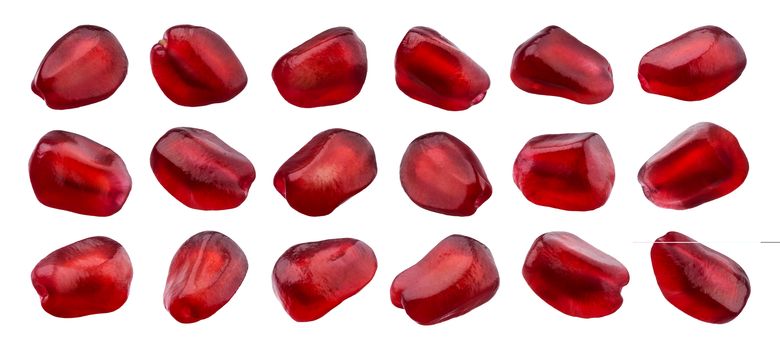Pomegranate seeds isolated on white background with clipping path, close-up. Collection