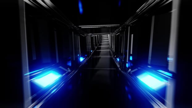 futuristic clean scifi glass tunnel corridor with glowing lights 3d illustration wallpaper background, future sci-fi glass room 3d rendering design