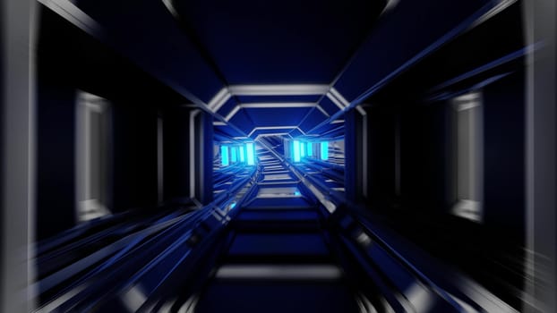 futuristic scifi space hangar tunnel corridor with glass windows 3d rendering background wallpaper, dark sci-fi room 3d illustration art design