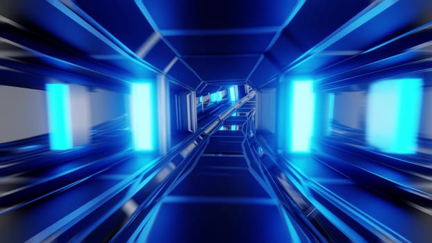 futuristic scifi space hangar tunnel corridor with glass windows 3d rendering background wallpaper, dark sci-fi room 3d illustration art design