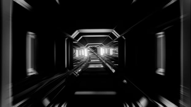 futuristic scifi space hangar tunnel corridor with glass windows 3d rendering background wallpaper, dark sci-fi room 3d illustration art design