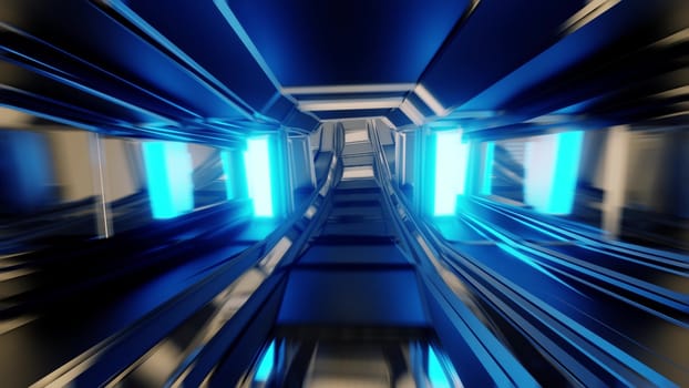 futuristic scifi space hangar tunnel corridor with glass windows 3d rendering background wallpaper, dark sci-fi room 3d illustration art design