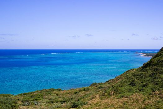 Beautiful blue ocean and lush green landscape.