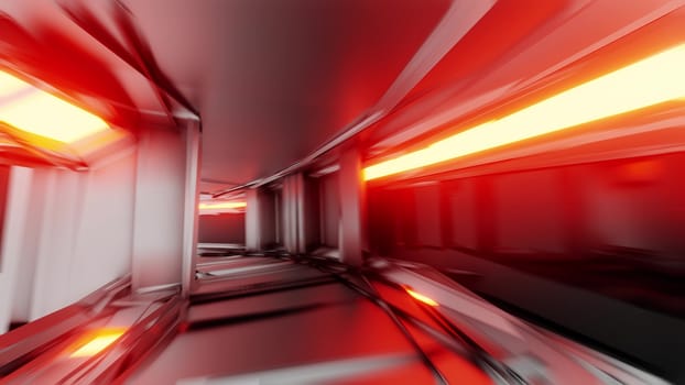 clean silver tunnel corridor with glowing lights 3d illustration background wallpaper, futuristic sci-fi metal space tunnel 3d rendering design