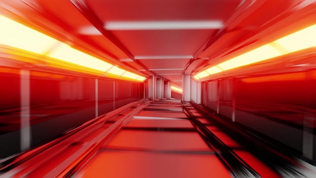 clean silver tunnel corridor with glowing lights 3d illustration background wallpaper, futuristic sci-fi metal space tunnel 3d rendering design