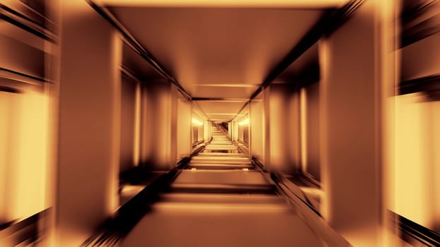 clean golden tunnel corridor with glowing lights 3d illustration background wallpaper, futuristic sci-fi metal space tunnel 3d rendering design