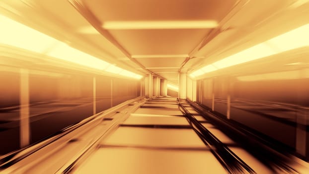 clean golden tunnel corridor with glowing lights 3d illustration background wallpaper, futuristic sci-fi metal space tunnel 3d rendering design