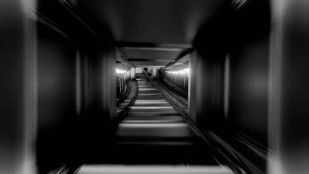 clean black and white tunnel corridor with glowing lights 3d illustration background wallpaper, futuristic sci-fi metal space tunnel 3d rendering design