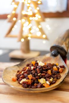 Mixed dried fruit ready for Christmas cake and fruit mince pies at Christmas. Selective focus shallow depth of field