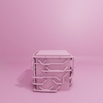 Pink Pastel Product Box Stand With Pipes. 3D Rendering. Beauty Industrial Concept