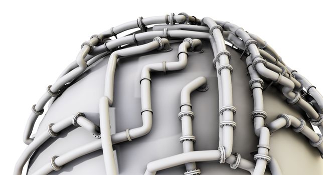 The white sphere is wrapped in a pipeline. 3D illustration. Industry Concept - Pipeline Worldwide