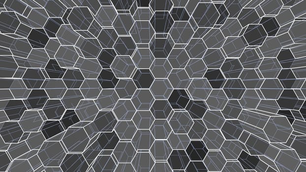 Abstract background of colorful outline hexagons. 3D illustration. Wire-frame style.