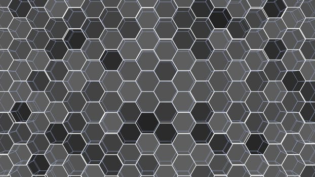 Abstract background of colorful outline hexagons. 3D illustration. Wire-frame style.