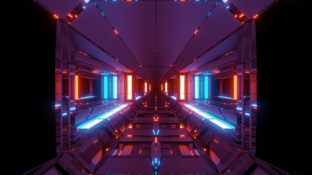 futuristic scifi space hangar tunnel corridor with glowing lights and reflections 3d illustration 3d rendering wallpaper background, modern sci-fi science-fiction space ship tunnel design