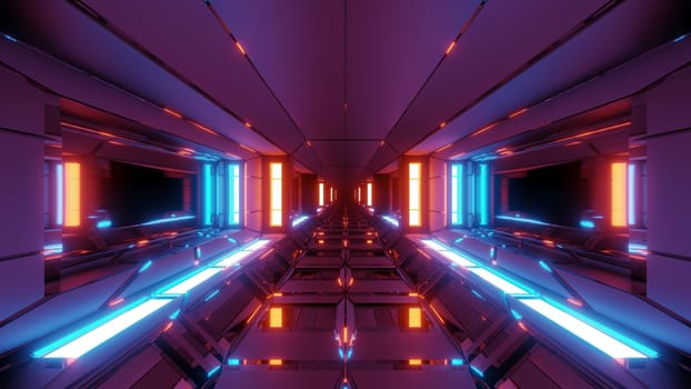 futuristic scifi space hangar tunnel corridor with glowing lights and reflections 3d illustration 3d rendering wallpaper background, modern sci-fi science-fiction space ship tunnel design