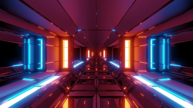 futuristic scifi space hangar tunnel corridor with glowing lights and reflections 3d illustration 3d rendering wallpaper background, modern sci-fi science-fiction space ship tunnel design