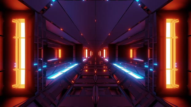 futuristic scifi space hangar tunnel corridor with glowing lights and reflections 3d illustration 3d rendering wallpaper background, modern sci-fi science-fiction space ship tunnel design