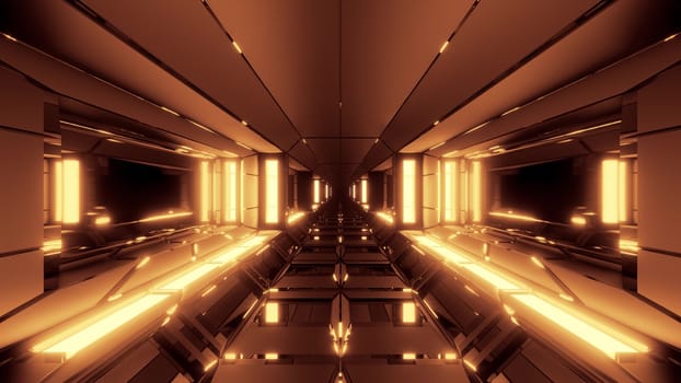 futuristic scifi space hangar tunnel corridor with glowing lights and reflections 3d illustration 3d rendering wallpaper background, modern sci-fi science-fiction space ship tunnel design