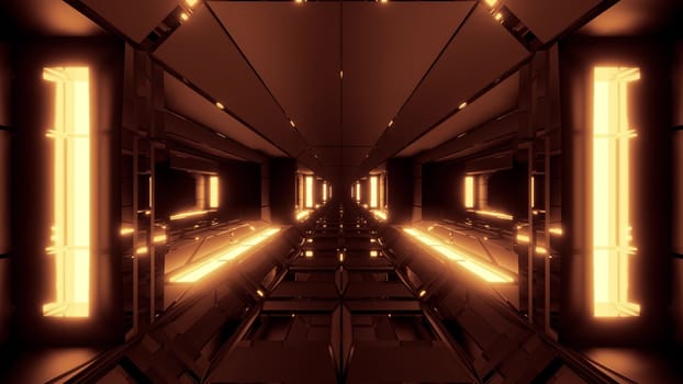 futuristic scifi space hangar tunnel corridor with glowing lights and reflections 3d illustration 3d rendering wallpaper background, modern sci-fi science-fiction space ship tunnel design