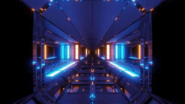 futuristic scifi space hangar tunnel corridor with glowing lights and reflections 3d illustration 3d rendering wallpaper background, modern sci-fi science-fiction space ship tunnel design