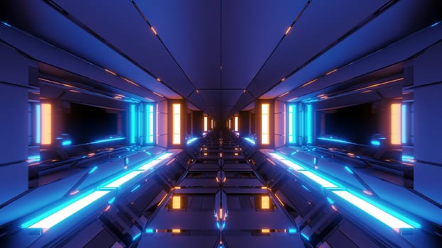 futuristic scifi space hangar tunnel corridor with glowing lights and reflections 3d illustration 3d rendering wallpaper background, modern sci-fi science-fiction space ship tunnel design