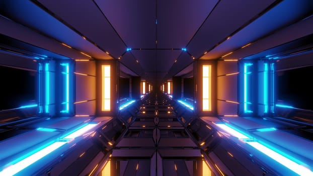 futuristic scifi space hangar tunnel corridor with glowing lights and reflections 3d illustration 3d rendering wallpaper background, modern sci-fi science-fiction space ship tunnel design