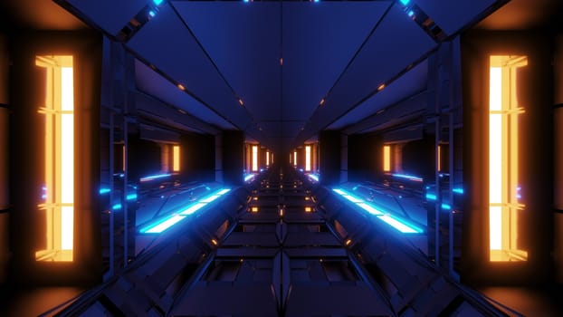 futuristic scifi space hangar tunnel corridor with glowing lights and reflections 3d illustration 3d rendering wallpaper background, modern sci-fi science-fiction space ship tunnel design