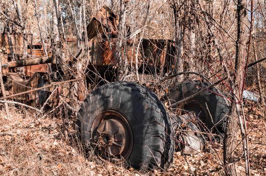 landfill equipment part of an old truck car with big wheels in the forest in Chernobyl Ukraine in autumn