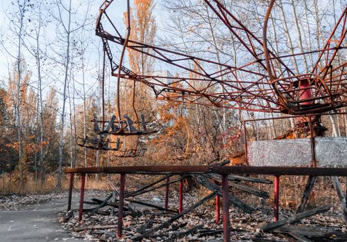 carousel in an abandoned amusement park in Chernobyl Ukraine in autumn