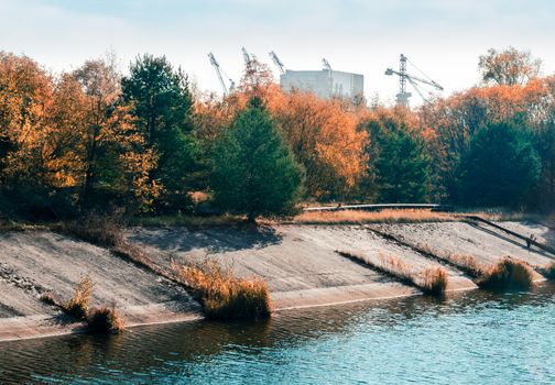 autumn landscape forest and nuclear power plant in Chernobyl Ukraine