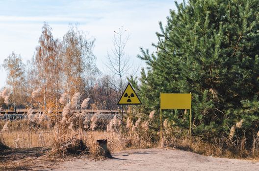 sign of radioactive contamination in a forest in Chernobyl Ukraine in autumn