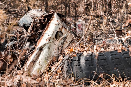 equipment dump in the forest in Chernobyl Ukraine in autumn