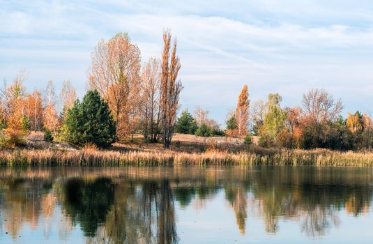 river bank with trees and reflection in the water in Chernobyl. Ukraine in the autumn afternoon