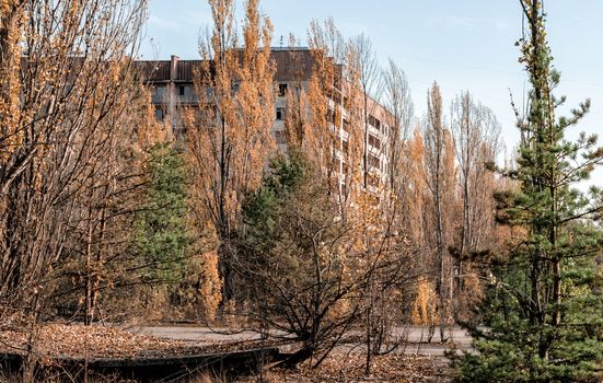 empty old houses on the street of the abandoned city Chernobyl Ukraine in autumn