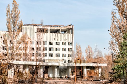 empty old hotel on the street of the abandoned city Chernobyl Ukraine in autumn