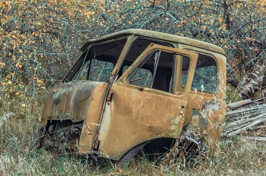 part of an old car cabin and trees in Chernobyl Ukraine in autumn