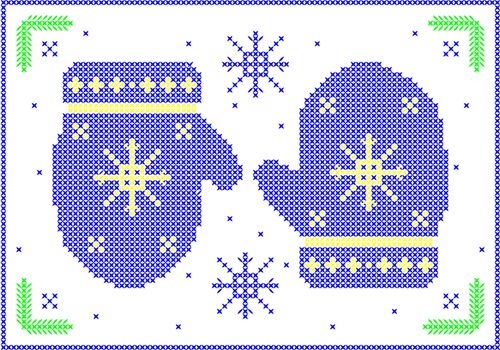 Cross-stitch winter mittens with snowflakes.