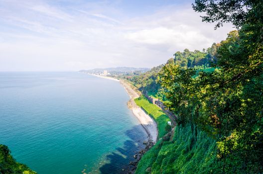 landscape panorama sea beach and city with sky and clouds view from a high mountain in Georgia Batumi in autumn