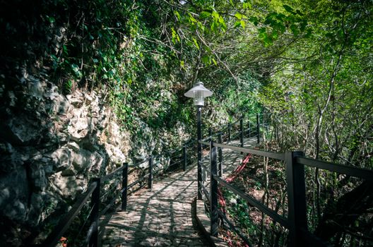 background alley in the park with a lantern and railing with a rock and green forest in Georgia in autumn